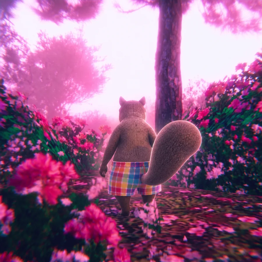 skwirl walking through pink blossoms