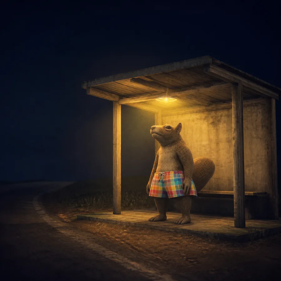 skwirl waiting at a bus stop at night