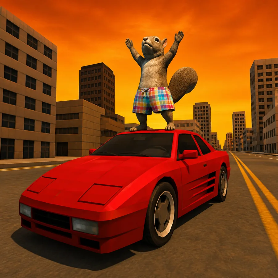 skwirl standing on a red car