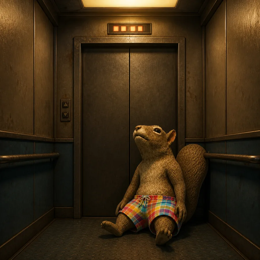 skwirl alone in an elevator