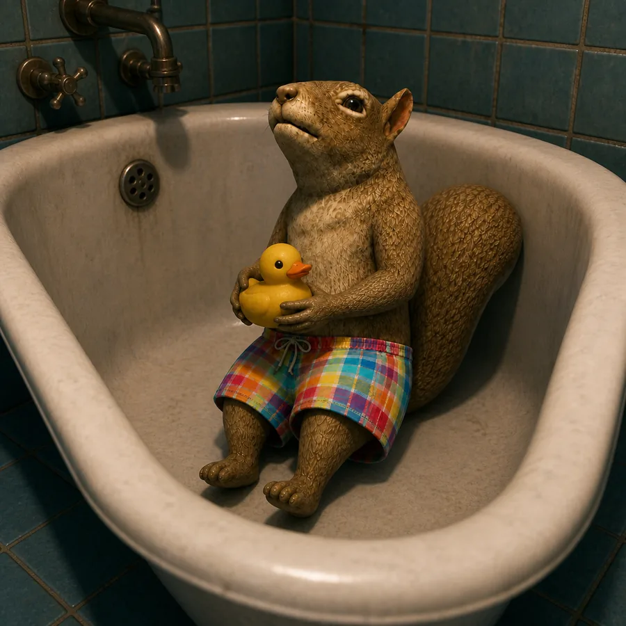 skwirl in an empty bathtub
