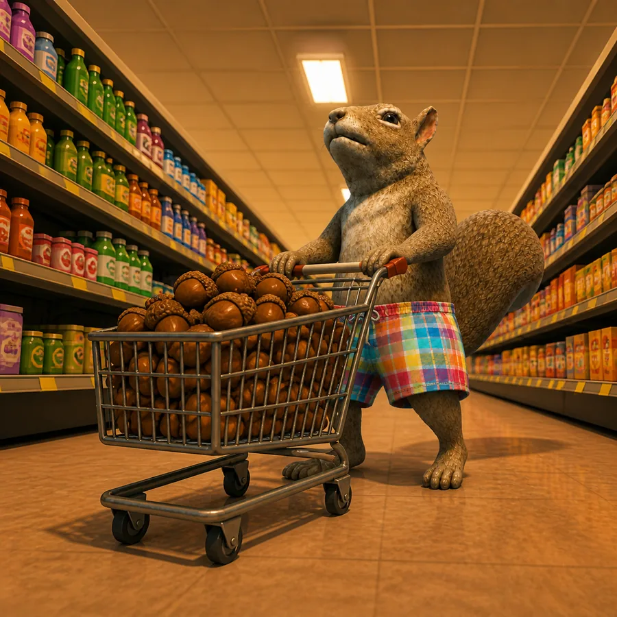 skwirl pushing a cart full of acorns