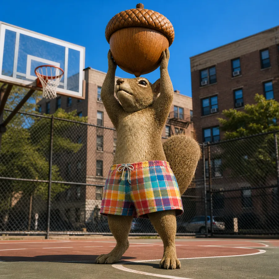 skwirl holding a giant acorn on a court