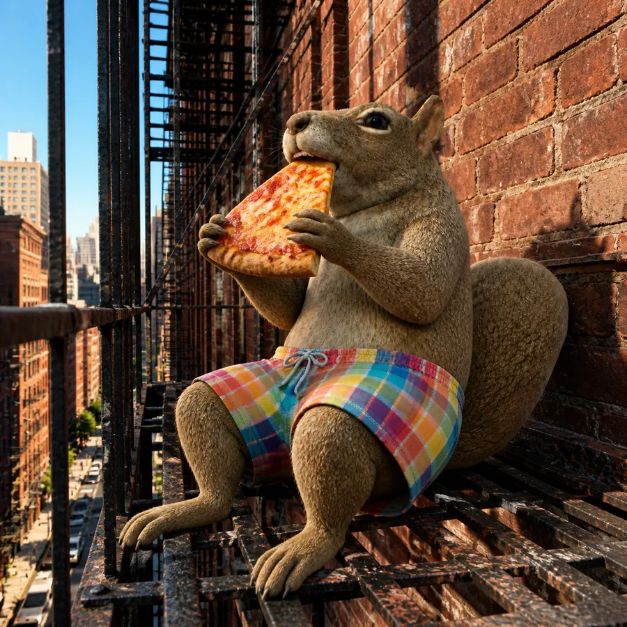 skwirl eating pizza on a fire escape
